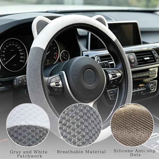 Steering Wheel Cover with Ears Keychain Fit 14-15 inch White Gray | Cute Car Steering Wheel Covers for Women Girls Elastic Breathable Steering Wheel Protector Accessories Universal Size
