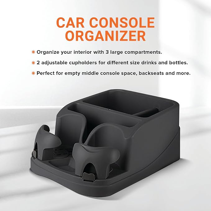 Car Console Organizer, Car Seat Organizer with 2 Adjustable Cup Holders, 3 Large Storage Compartments, Seatbelt for Secure Hold, Vehicle Middle Seat Organizer for Cars, Trucks, Minivans