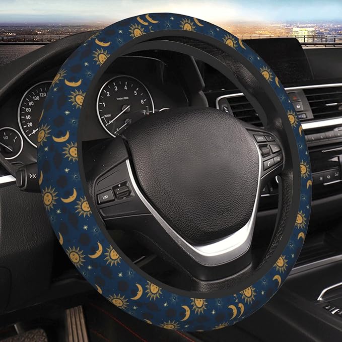 Elastic Stars Sun Moon Navy Boho Car Steering Wheel Cover Protector Upgrade Thicken,Durable Soft Car Accessories for Diverse Cars Truck SUV for Men Women Universal 15 Inch