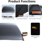 Car Windshield Sun Shade, Thickened Windshield Snow and Sun Cover with Side Window & Rearview Mirror Protector, Scratch-Resistant Aluminum Foil Sun Shade with Anti-Theft Straps (Black)