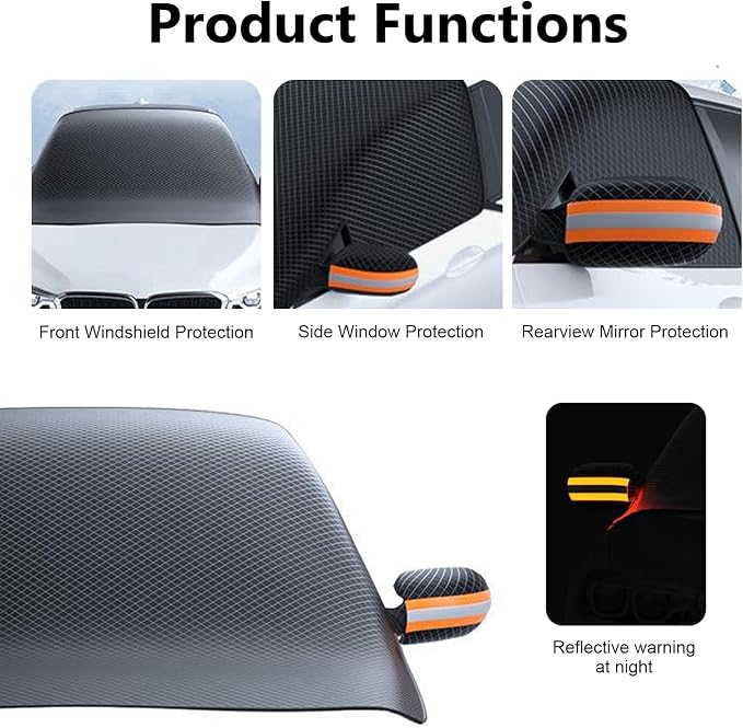 Car Windshield Sun Shade, Thickened Windshield Snow and Sun Cover with Side Window & Rearview Mirror Protector, Scratch-Resistant Aluminum Foil Sun Shade with Anti-Theft Straps (Black)