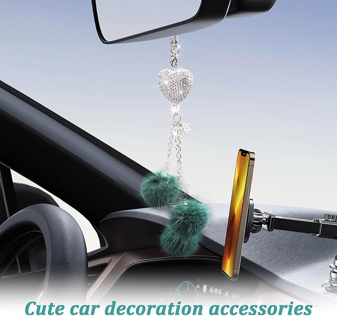 Bling Diamond Heart Car Interior Accessories, Car Mirror Hanging Ornament for Women, Love Heart & Pink Plush Ball Decor Ornament Pendant (Dark Green)