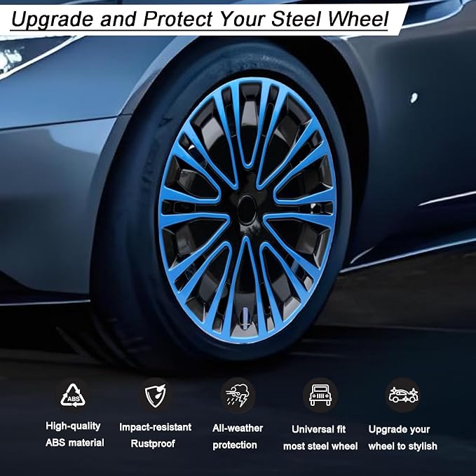 Hubcap Wheel Cover Replacement R16 Hub Caps Universal-Fit Steel Wheel Rim Cover ABS Material Exterior Accessories for Car Truck SUV -Set of 4（16-inch，Blue-Black）