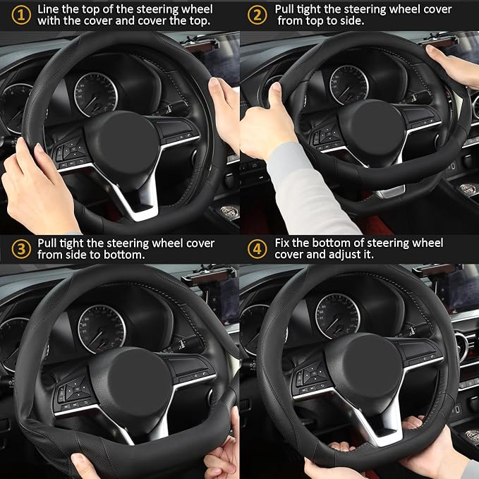 Flat Bottom Car Steering Wheel Cover for Hyundai,D Shaped Steering Wheel Cover for Tucson,Sonata,Elantra,Santa Fe,Genesis,Sonata Hybrid,Azera,Venue,Kona (Black-Standard Size)