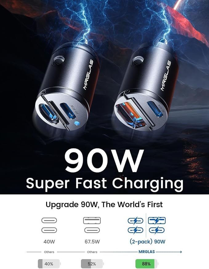 2-Pack 90W USB C Car Charger, Super Mini Metal USB C Car Charger Fast Charging Adapter [PD+QC]&[Dual PD],Cigarette Lighter Compatible with iPhone 17 16 15 Pro Max iPad Air Samsung S25 Ultra