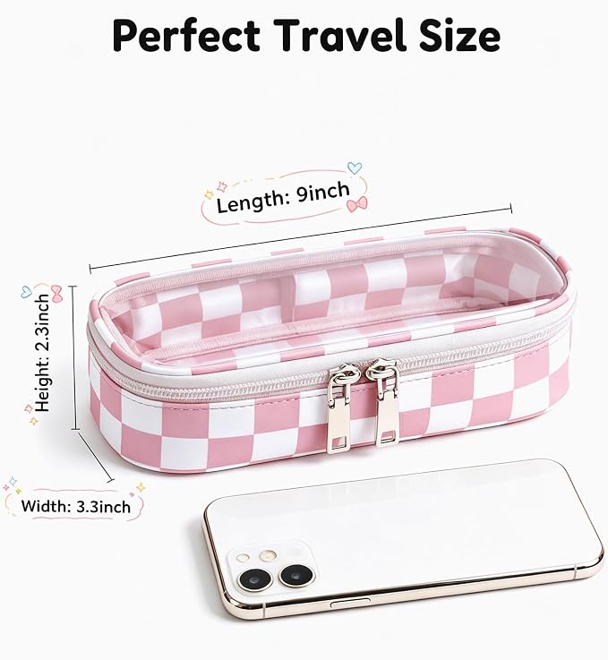 Preppy Checkered Clear Travel Makeup Brush Holder,Pink and Beige Checkered Makeup Brush Toiletry Bag, Portable Cosmetic Brush Case,Transparent Waterproof Makeup Brush Storage Bag