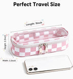 Preppy Checkered Clear Travel Makeup Brush Holder,Pink and Beige Checkered Makeup Brush Toiletry Bag, Portable Cosmetic Brush Case,Transparent Waterproof Makeup Brush Storage Bag