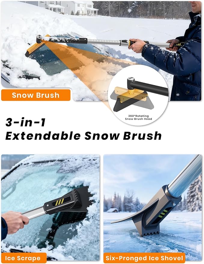 43.7" Extendable Ice Scrapers for Car Windshield for 12 Adjustable Length Settings with Foam Grip and 360° Pivoting Brush Head Detachable Snow Brush for Truck SUV(Orange)