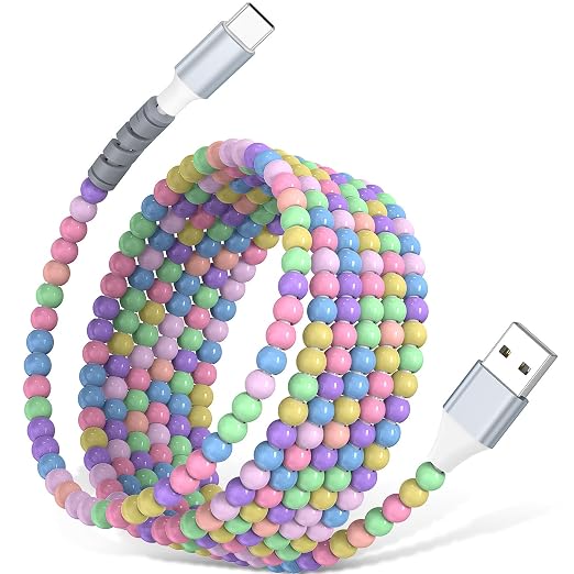 USB A to USB C Cable 6FT,Beaded Phone Charger Cord for iPhone 17 16 Pro Max 16e 15 Car play,Type C Cute Car Charger Charging Cord for iPad 10 11 A16/Samsung S26 S25 Ultra S24/Pixel/Android Girls Women