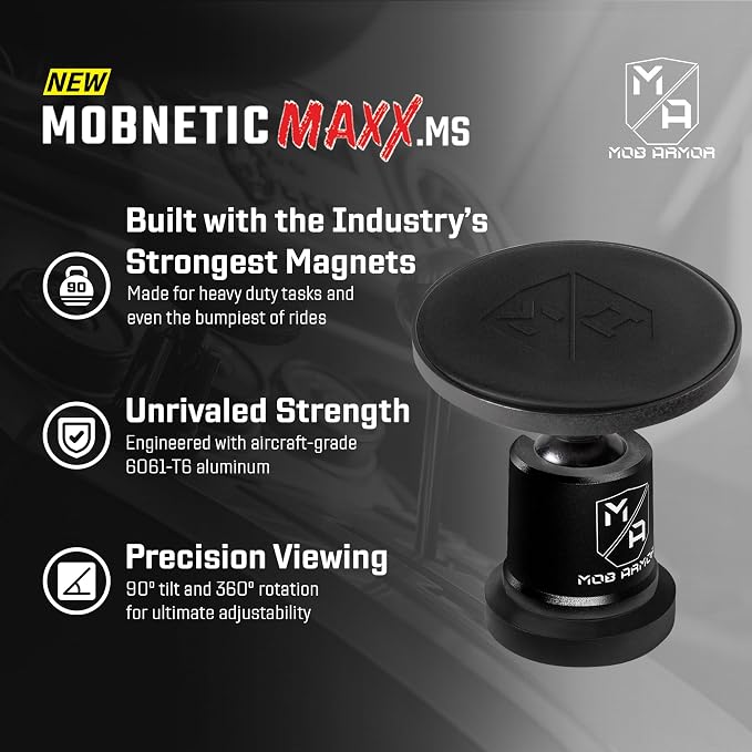 MobNetic Maxx MS - MagSafe Compatible Car Phone Mount w/ 90º Tilt, 360º Rotation & Durable Aluminum Build, Magnetic Holder for iPhone & Android Devices, USA Assembled - Black