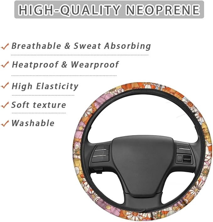 Retro Hippie Flower Pattern Universal Steering Wheel Cover Sweat Absorption Car Wheel Cover Polyester Cover with Anti-Slip Lining Car Decoration Fit Most Van Truck Car SUV