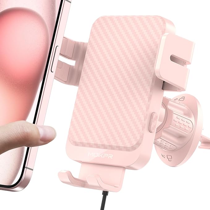 Wireless Car Charger, 15W Fast Charging Auto-Clamping Car Charger Phone Mount Air Vent Cell Phone Holder Compatible iPhone 16/15/14/13/13 Pro/12 pro/12/11, for Samsung Galaxy S23/S22/S21, Pink