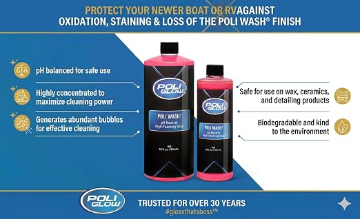 Poli Glow Poli Wash – 32 oz Concentrated Foaming Soap for Boats, RVs & All Vehicle Surfaces – pH Neutral, Biodegradable – Safe for Poli Glow, Ceramic Coatings, Fiberglass, Gel Coat, Aluminum & Paint