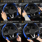 Flat Bottom Car Steering Wheel Cover for Nissan,D Shaped Steering Wheel Cover for Rogue,Altima,Kicks (Black+Blue-Standard Size)