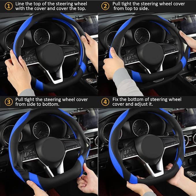 Flat Bottom Car Steering Wheel Cover for Nissan,D Shaped Steering Wheel Cover for Rogue,Altima,Kicks (Black+Blue-Standard Size)