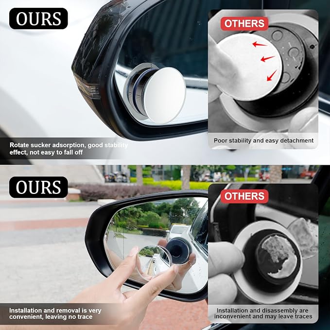 Blind Spot Car Mirror, 2" Round HD Glass Frameless Convex Side Mirror Blindspot, Reusable 360° Wide Angle Rear View Car Mirrors with Powerful Adjustable Suction Cup - Exterior Mirrors