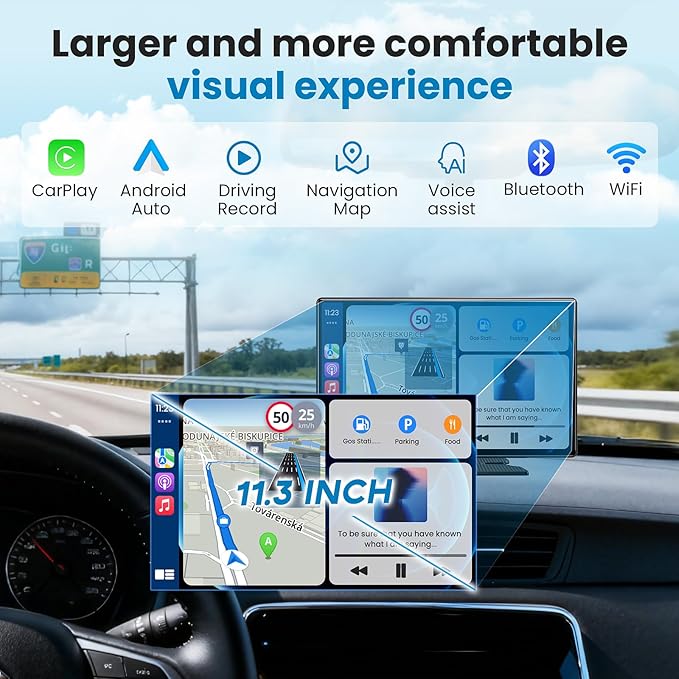 Portable Apple Carplay Screen for Car, 11.3" Extra Large Wireless Car Play & Android Auto Screen for Car, Car Stereo with 4K Dash Cam, App View, Backup Camera,GPS,Mirror Link,FM, Voice Control