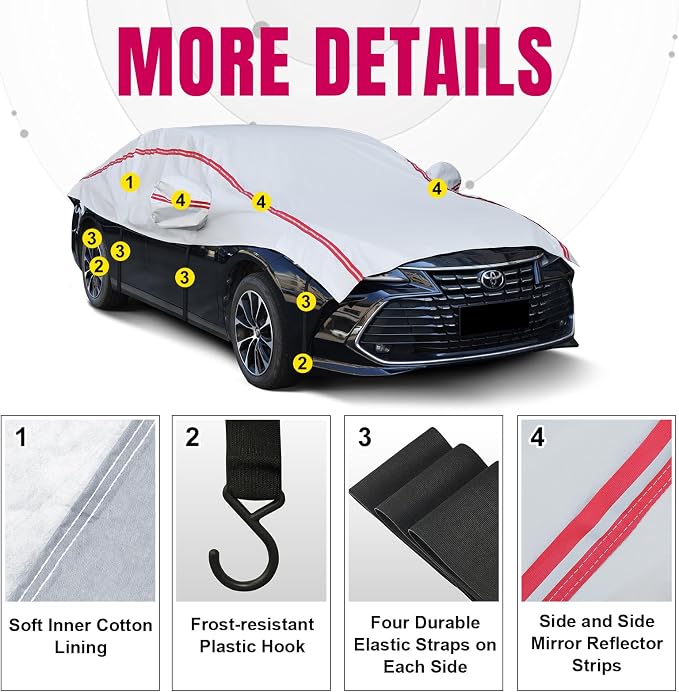 Half Car Cover SUV,Top Cover with Red Reflective Strip, Hail Protector Car Cover with Cotton Liner, Sunroof & Windshield Cover for Ice and Snow, All Weather Car Body Cover for Sun, Rain, Dust