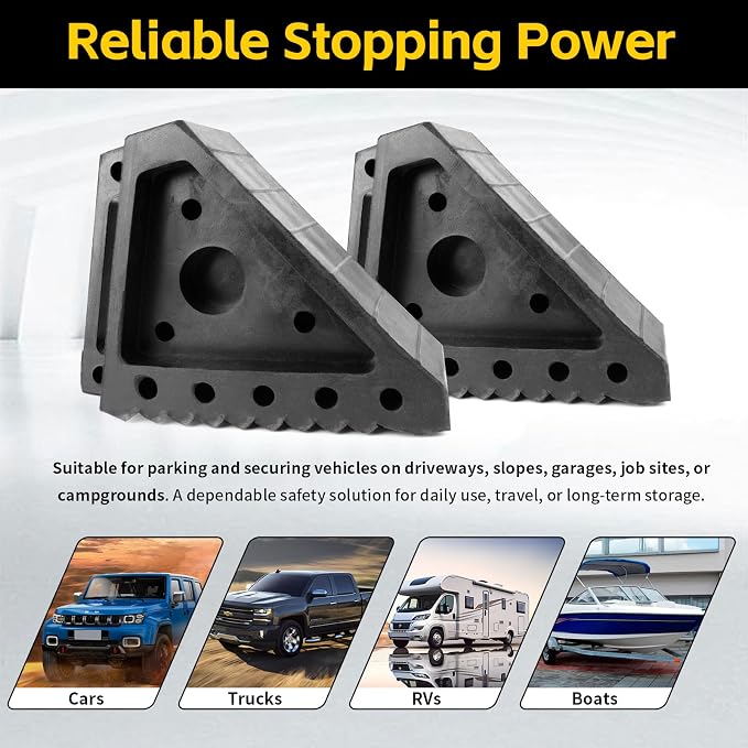 Solid Rubber Wheel Chock 2-Pack | 8" x 4" x 6" Heavy-Duty Tire Stop | Non-Slip Traction Pads | Built-in Handle | All-Weather Vehicle Safety Block | Black | (70472)