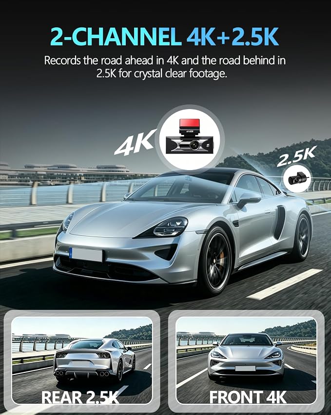 Dual Dash Cam Front 4K+2.5K Rear, 5.8GHz Wi-Fi, 20MB/s Fastest Download Speed with APP, WDR Night Vision, 2160P Dash Camera for Cars, 3" IPS, 24H Parking Mode, Free 64GB Card Included