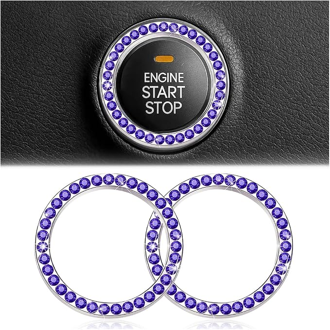 Bling Car Engine Start Ring Decals, 2PCS Crystal Rhinestone Vehicle Push Start Button Cover Sticker, Key Ignition Knob Ring, Sparkling Automotive Interior Accessories (Royal Blue)
