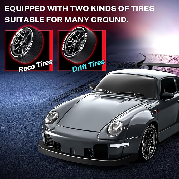 RC Drift Car, 1:24 Remote Control Car for Kids, 20KM/H 4WD High Speed RC Cars with LED Lights, Two Batteries, Extra Drifting Tires, Vehicle for Adults Boys Girls