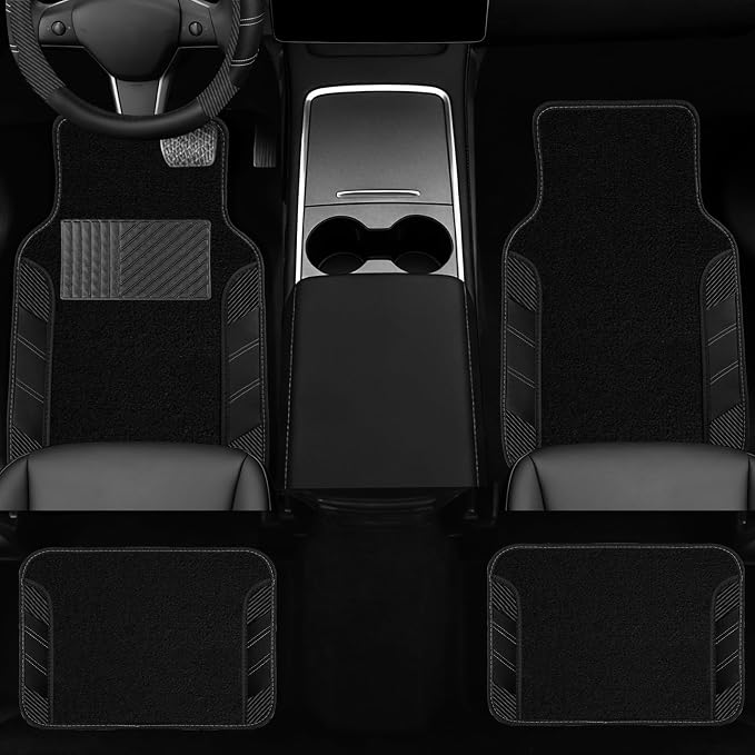 10 Pcs Car Floor Mats Full Set & Sport Leather Steering Wheel Cover 14.5-15 inch, Center Console Cover, Seat Belt Cushion, Cup Holder Coaster, Universal Automobile Interior Sets (Black)