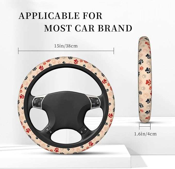 Paw Print Neoprene Steering Wheel Cover Anti-Slip Elastic Dog Cat Paw Steering Wheel Protective Cover 15in Universal Car Accessories Fit Cars, SUVs, Auto