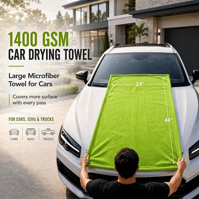 Car Drying Towel, Extra Large 48 x 24 Inch, 1400 GSM, Dual-Color | Twisted Loop Microfiber Towel for Cars - Absorbent Car Dry Towel and Car Wash Towel for Streak-Free, Paint-Safe Car Detailing
