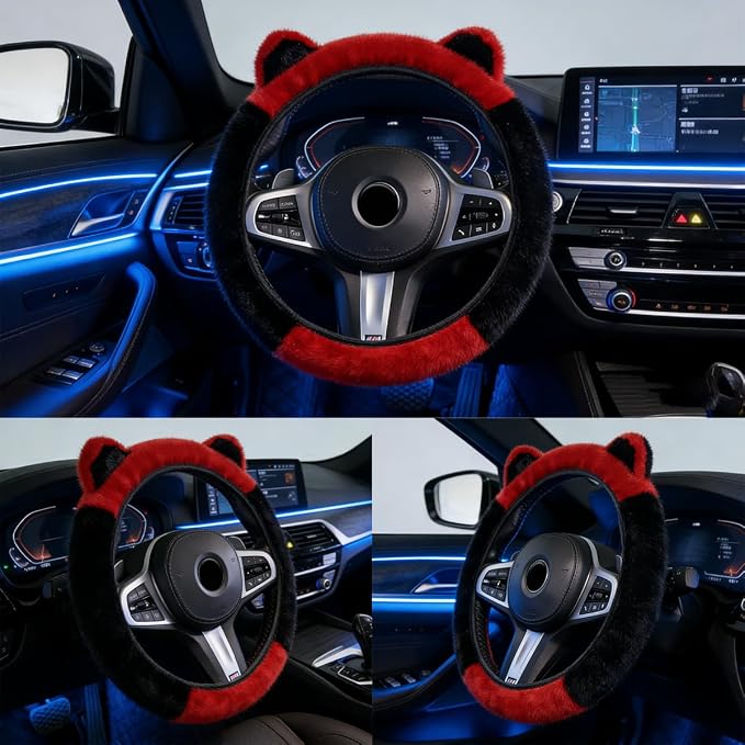 Fluffy Car Steering Wheel Cover with Keychain Fit 14-15 inch Black and Red | Cute Ears Steering Wheel Covers for Women Girls Universal Elastic Stretch Steering Wheel Protector Accessories
