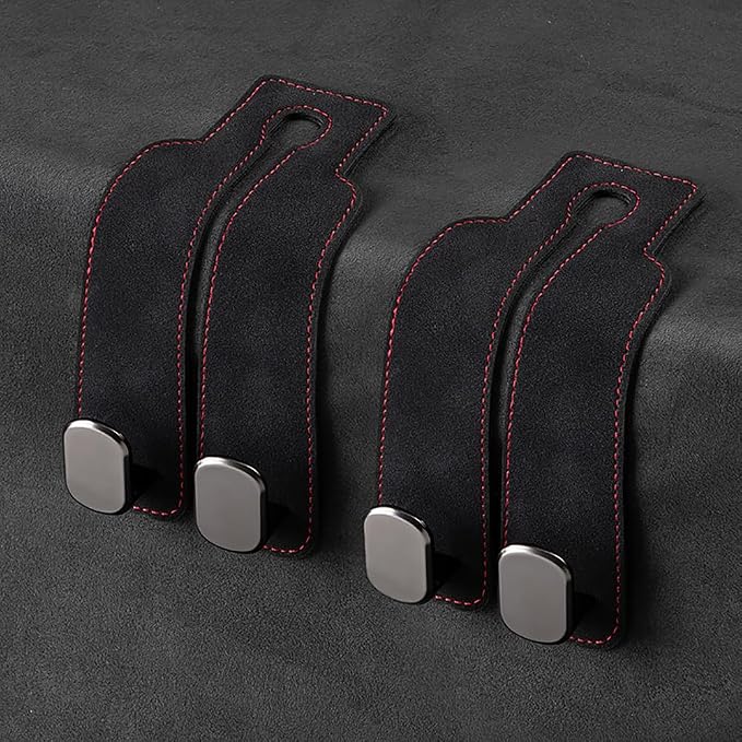 KINIVA Car Seat Headrest Storage Hooks, Set of 2, Suede PU Leather, Double Hooks (Black)