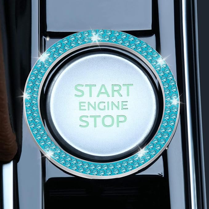 2 PCS Crystal Double Rhinestone Car Engine Start Stop Decoration Ring, Bling Car Interior Accessories for Women, Push to Start Button Cover Sticker, Automotive Decals, Cyan
