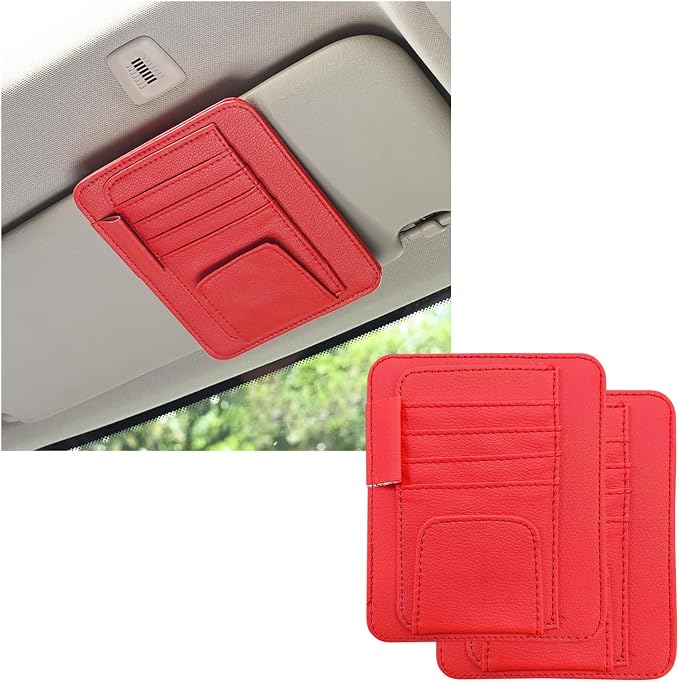 2PCS Small Leather Car Sun Visor Organizer, Multifunctional Auto Visor Document Holder with Sunglasses Clip, Universal Car Interior Organizer for Drving License, Card, Pen (Red)