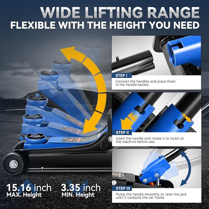 2.5 Ton Low Profile Floor Jack, Heavy Duty Steel Hydraulic Car Jack with Single Pistons Quick Lift Pump, Hydraulic Racing Floor Jack, Lifting Range 3.35" to 15", Blue