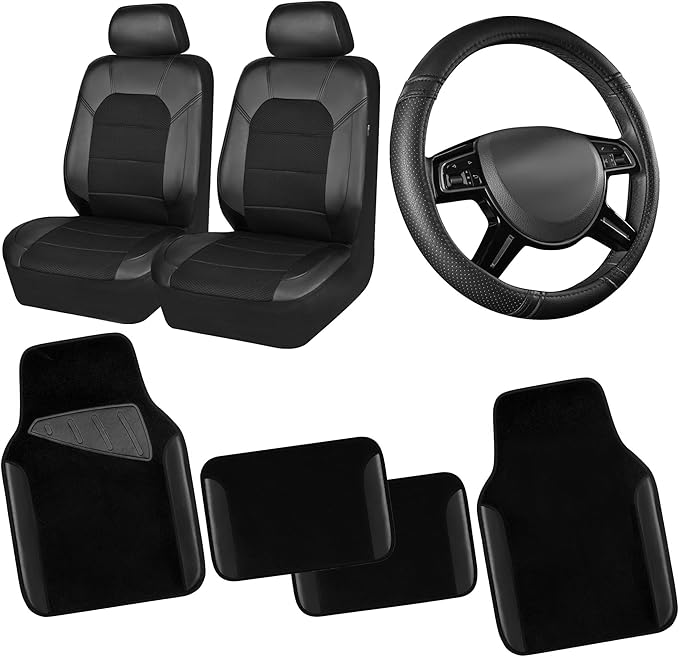 Leather Two Front Car Seat Cover; 4Pcs Waterproof Car Floor Mats & Steering Wheel Cover,Universal Fit Airbag Compatible Automotive Interior Covers (Combo Set, Black)