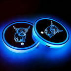 2Pcs Highland Cow LED Car Cup Holder Coasters 7 Colors Lights Up Cups | with USB Charging of Car Accessories for SUV Trucks Sedans, Waterproof Interior Atmosphere Lamp, Cow Gifts for Women Men