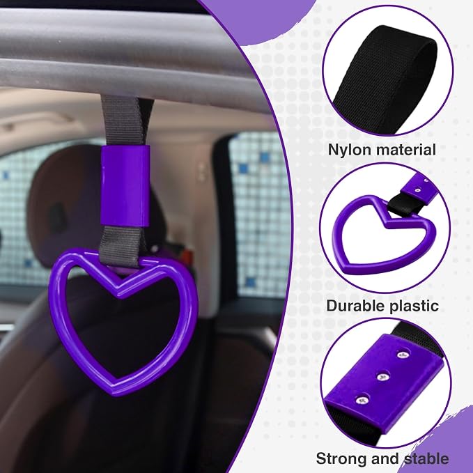 2PCS Heart Shaped Car Handle Straps, Rear Bumper Warning Keychain Ring for Car Exterior Accessories (Purple)