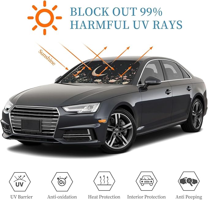 Windshield Sun Shade Moon Flower Field Rustic Car Front Window Sunshade Cover for Truck SUV Blocks UV Rays Automotive Visor Interior Protector 55 x 30 inch