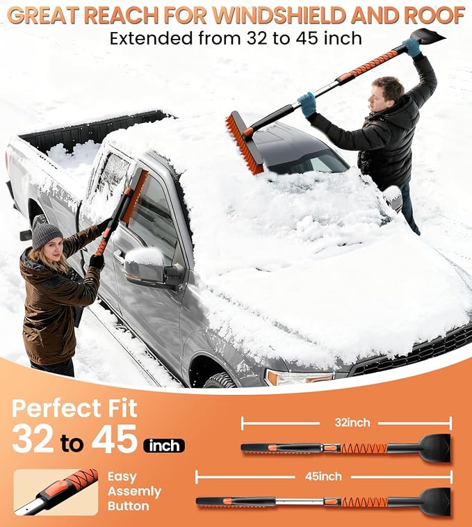 2025 Upgrade Extendable 3-in-1 Car Snow Brush and Ice Scraper [45" Extendable Handle] with 360° Rotating Brush Head for Car Windshield Clear Snow, Ice and Frost, for All Cars/Truck/SUV