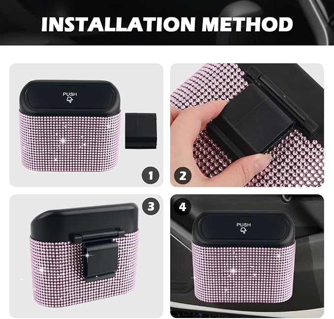 Car Trash Can with Lid & Rhinestones Design,Push-on Car Trash Bin for Storing Trashes Items & Cars Decor Includes 30PCS Trashes Bag,Shiny Cars Garbage Can with Back Clip for Side Door (Black Diamond)