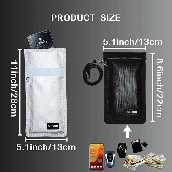 Faraday Bag for Phone w/Lanyard, RFID Key Fob Protector, Signal Blocker for Car Keys Anti-Theft, Cell Phone Signal Blocking Pouch Anti-Hacking, Shielding Case, 2 Pack, Black