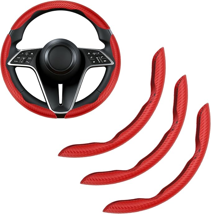 3Pcs Carbon Fiber Steering Wheel Cover Universal Fit 99% Cars | Non-slip soft grip, easy to wipe clean, quick to install, perfect for daily commutes and road trips, Red