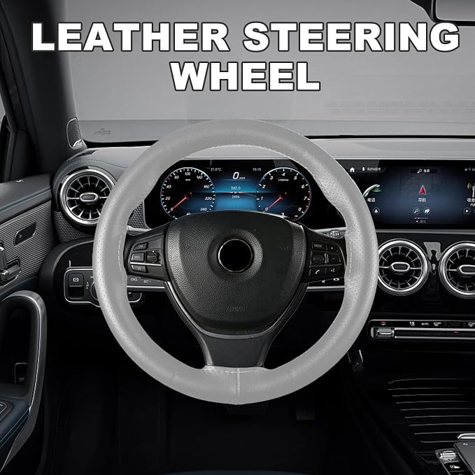 Genuine Leather Steering Wheel Cover, Stitch on Wrap, Breathable Anti-Slip Car Steering Wheel Protector for Max Diameter 15 Inch, DIY Sewing with Needles Thread (Gray, Hole)