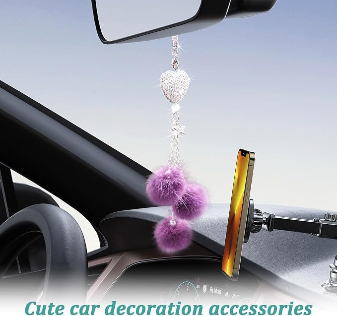 Bling Diamond Heart Car Interior Accessories, Car Mirror Hanging Ornament for Women, Love Heart & Pink Plush Ball Decor Ornament Pendant (Eggplant Purple)
