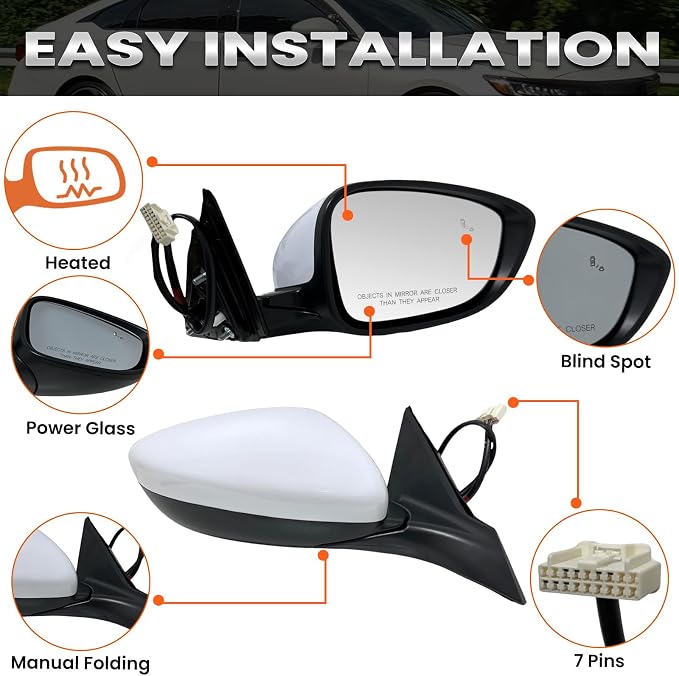 Right Passenger Side Mirror Compatible with 2018-2022 Honda Accord LX Sport Power Glass | Heated | with Blind Spot | Manual Folding Repalces HO1321329 (7Pins-Pearl White)