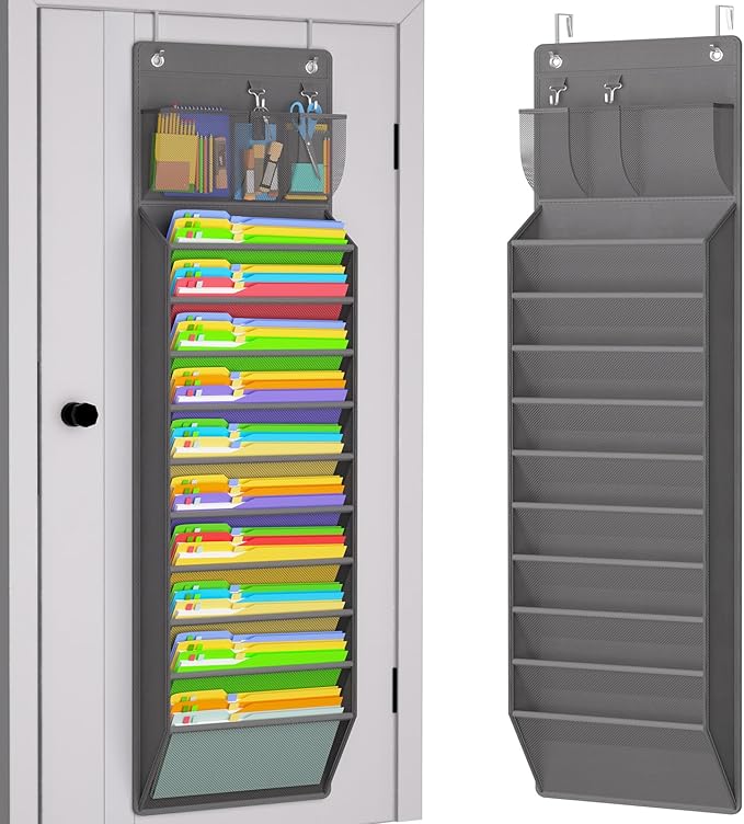 Over the Door File Organizer, Wall Hanging File Folders with 10 Large Pockets for Mails, Magazines, Back to School Supplies, Office Pocket Chart, Paper Organization (Gray)