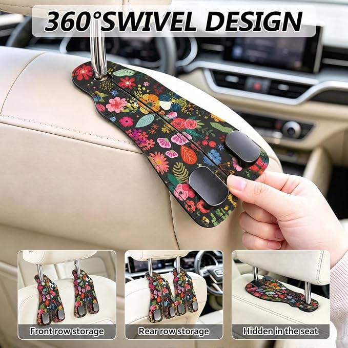 Cute Floral Car Seat Back Storage Headrest Hooks for Purses & Bags – 2PCS PU Leather Dual Metal Hooks, Backseat Organizer Accessories