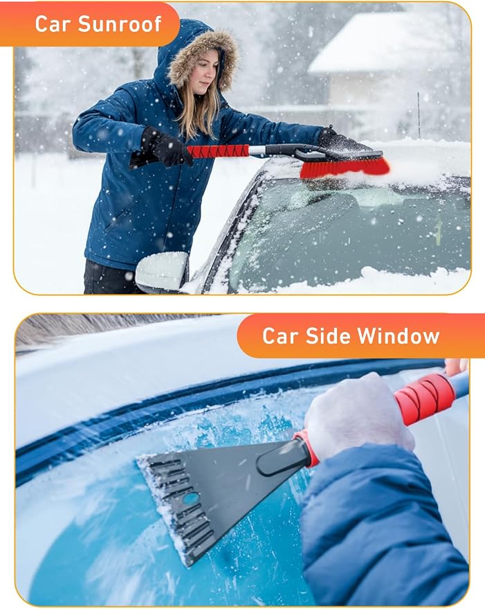 27" Car Snow Brush and Ice Scrapers for Car Windshield (Red- 2 Pack) | Scratch Free Bristle Head Snow Brush & Tough Window Snow Scraper with Aluminium Body