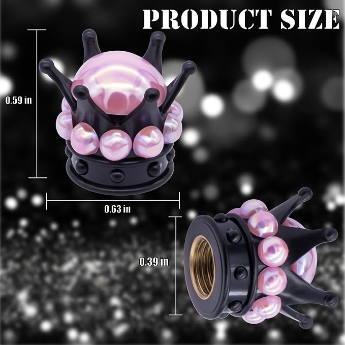 4PCS Crown Bling Tire Stem Valve Caps, Crystal Diamond Tire Air Cap Set Universal Copper Core Stem Covers for Cars, SUV, Trucks, Bikes, Motorcycles, Bicycles (Black & Pink)