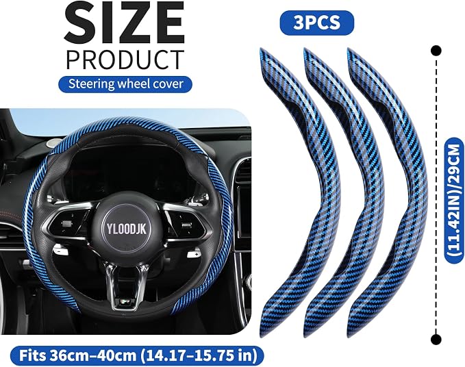 Universal Steering Wheel Cover,Carbon Fiber,3pcs Set(blue) | Clip-On Segmented Fit;Carbon Fiber Look;Fits Most 14-16 in Round or D-Shaped Wheels;Easy Wipe Clean;Non Slip;4 Colors